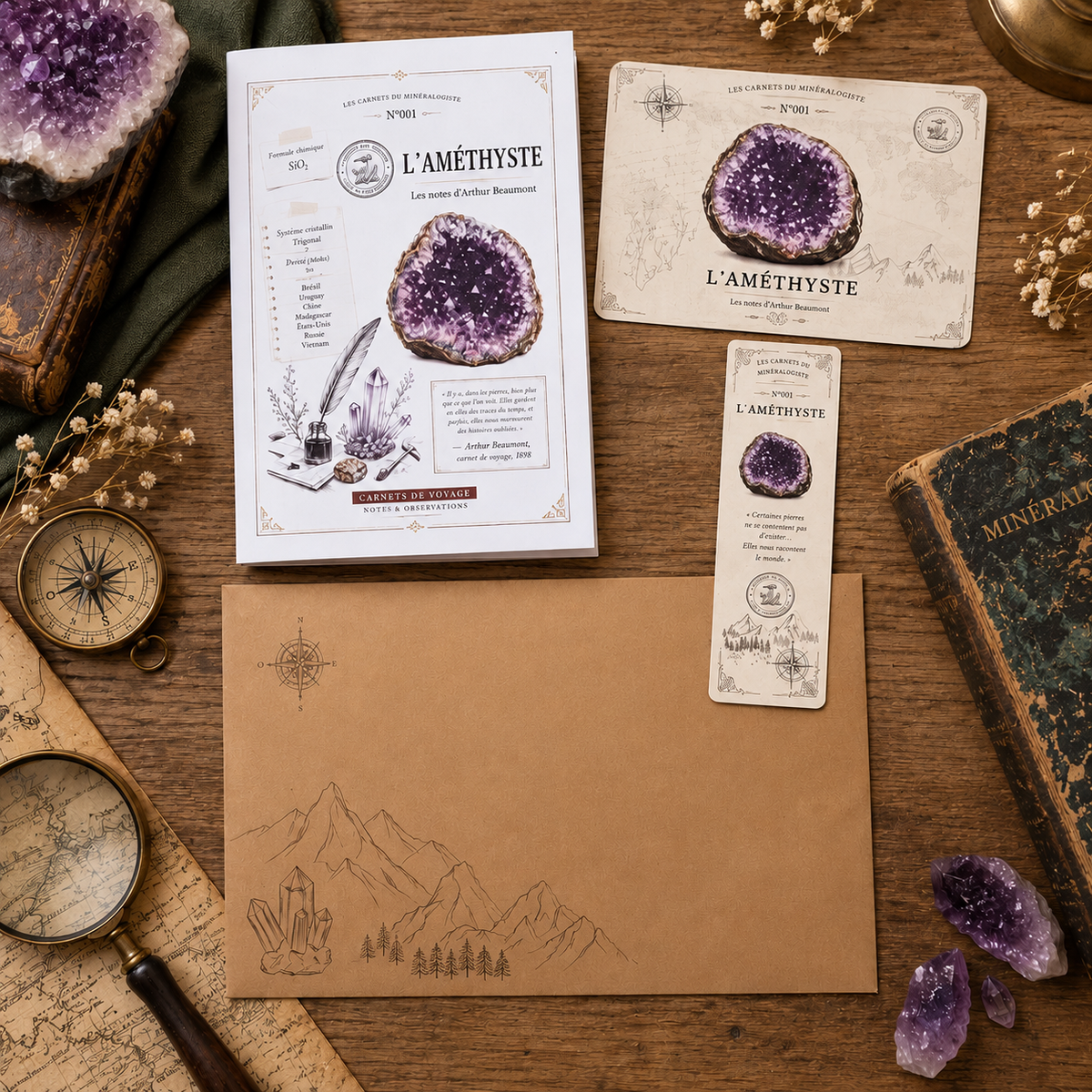 Les Carnets du Minéralogiste N°001 sur l’Améthyste avec carnet, carte collector, marque-page et enveloppe