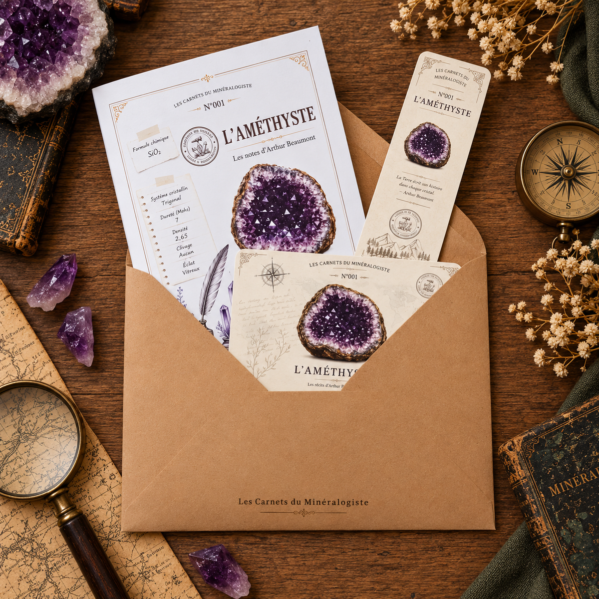 Carnet, carte collector et marque-page sur l’Améthyste présentés dans leur enveloppe Les Carnets du Minéralogiste