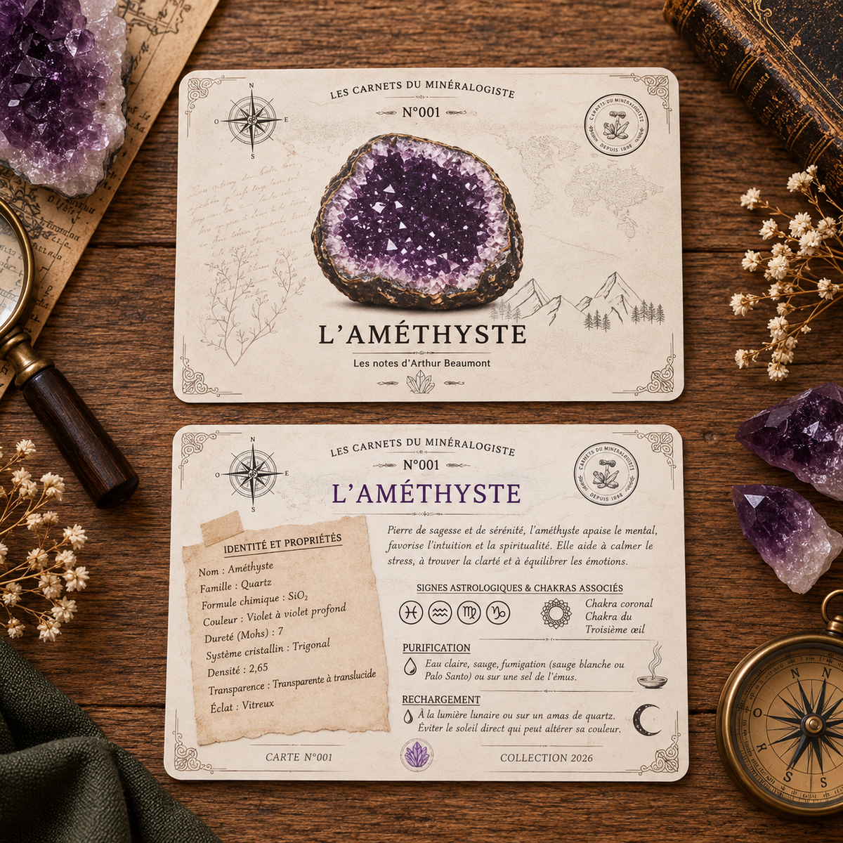 Carte collector recto verso sur l’Améthyste incluse dans Les Carnets du Minéralogiste N°001