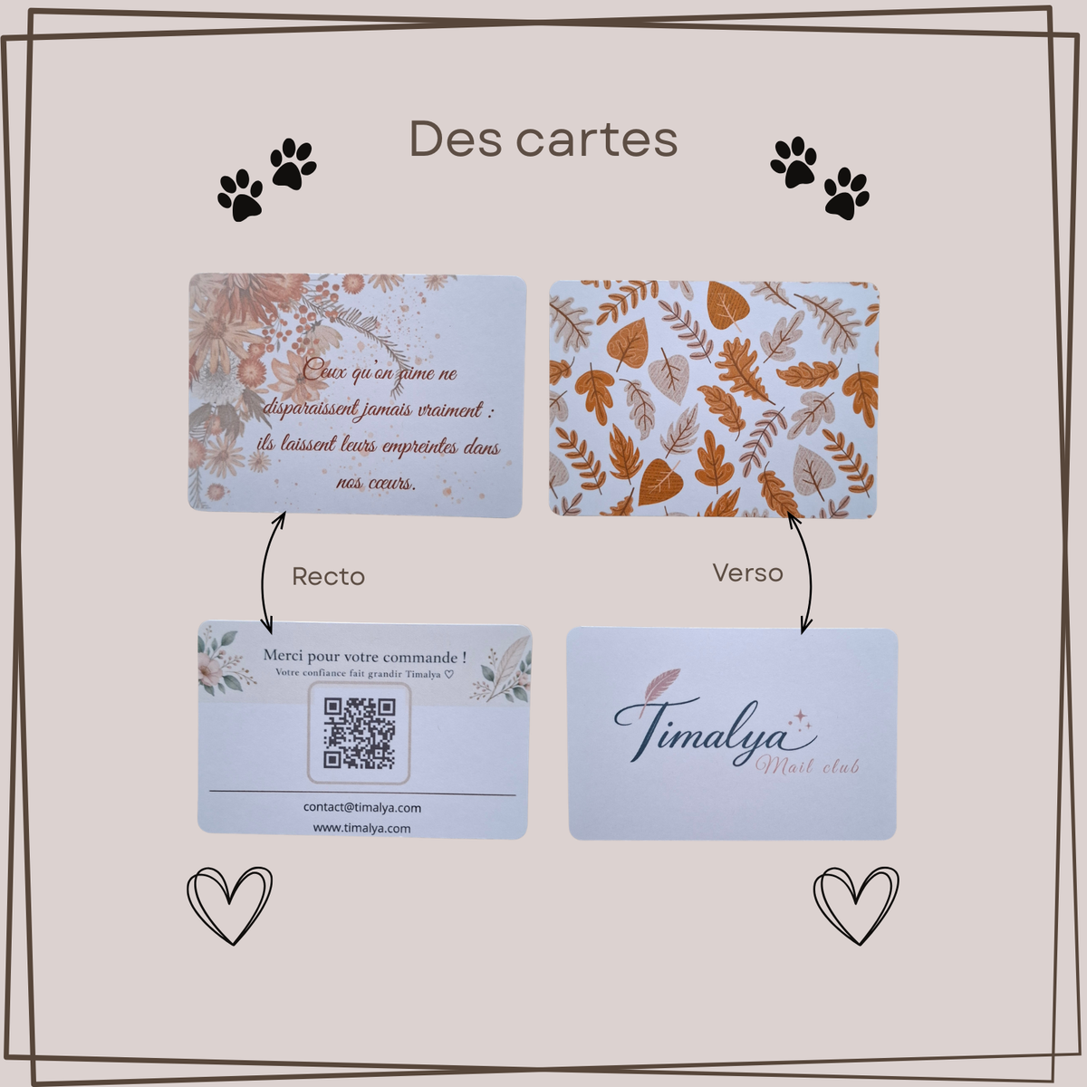 Aperçu des cartes du Mail Club Mon étoile : une carte citation en hommage aux animaux disparus et une carte de remerciement avec QR code, présentées recto verso.