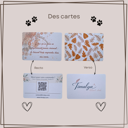 Aperçu des cartes du Mail Club Mon étoile : une carte citation en hommage aux animaux disparus et une carte de remerciement avec QR code, présentées recto verso.