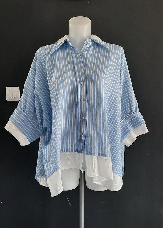 Chemise ample femme bleu ciel à rayures blanches, col classique, manches 3/4 boutonnées, détails en broderie anglaise blanche sur le col, les poignets et le bas.