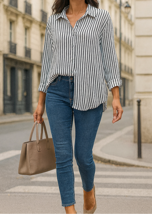 Chemise femme à rayures verticales noires et blanches en gaz de coton, coupe classique à col chemise et manches longues – un essentiel chic et intemporel pour un look professionnel ou décontracté.