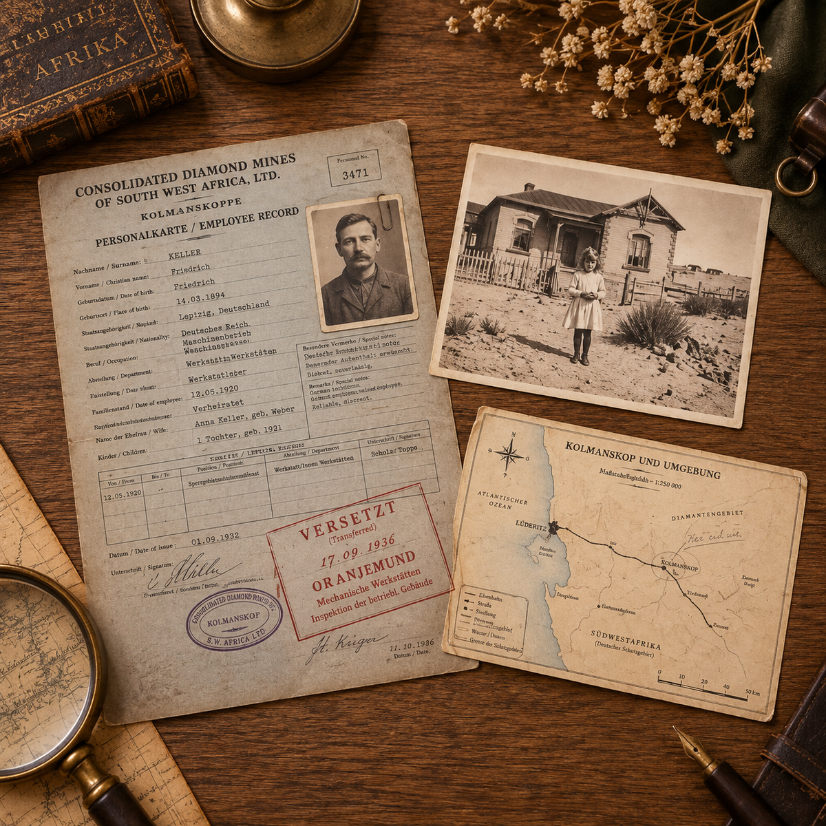 Documents d’archives du dossier Kolmanskop avec fiche employé, photographie et carte