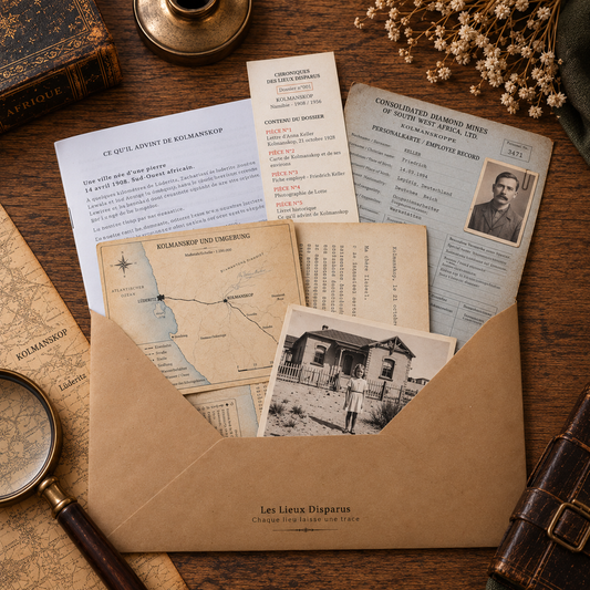 Enveloppe Chroniques des Lieux Disparus contenant le dossier historique consacré à Kolmanskop