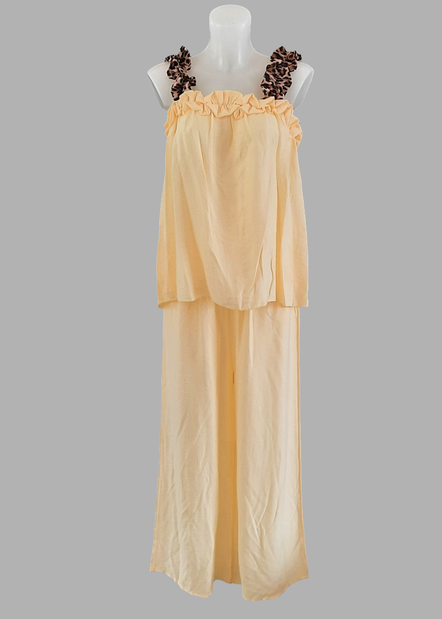 Ensemble jaune pour femme, top à bretelles imprimé léopard avec pantalon fluide large, look coloré et stylé pour l’été – Timalya.