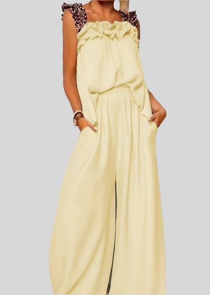 Ensemble jaune pour femme, top à bretelles imprimé léopard avec pantalon fluide large, look coloré et stylé pour l’été – Timalya.