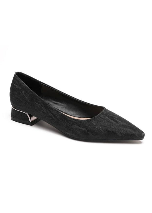 Escarpins noirs légèrement pailletés femme avec petit talon carré argenté, bout pointu et matière textile élégante à motif discret, style sobre et chic – Timalya.
