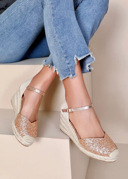 Espadrilles compensées femme champagne à paillettes, bride champagne ajustable, semelle en corde style espadrille, parfaites pour un look chic d'été – Timalya.