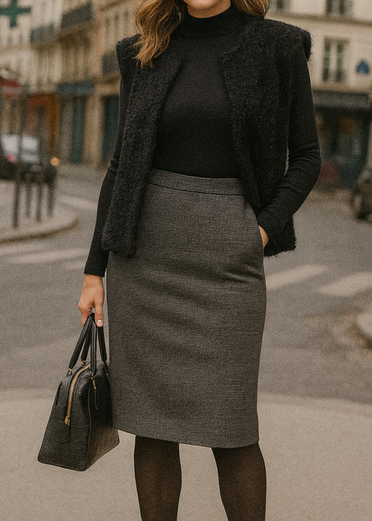 Gilet sans manches en maille duveteuse noir, coupe ample et ouverte sans fermeture, 2 poches. Parfait pour une superposition cosy et stylée en mi-saison.