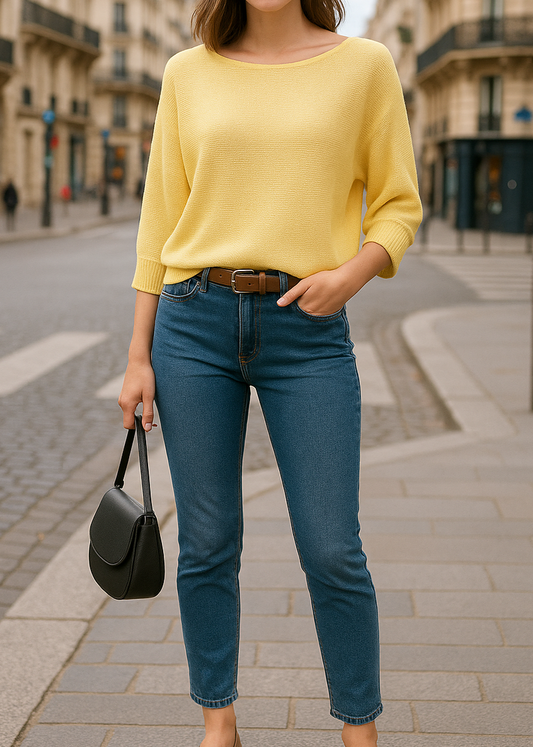 Haut en maille fine jaune pastel pour femme, manches 3/4 chauve-souris et encolure bateau. Coupe fluide et légère, parfaite pour le printemps ou l’été.