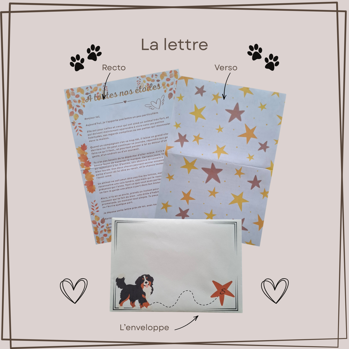 Aperçu recto verso de la lettre du Mail Club Mon étoile, décorée d’étoiles, de cœurs et d’empreintes de pattes en hommage aux animaux disparus.