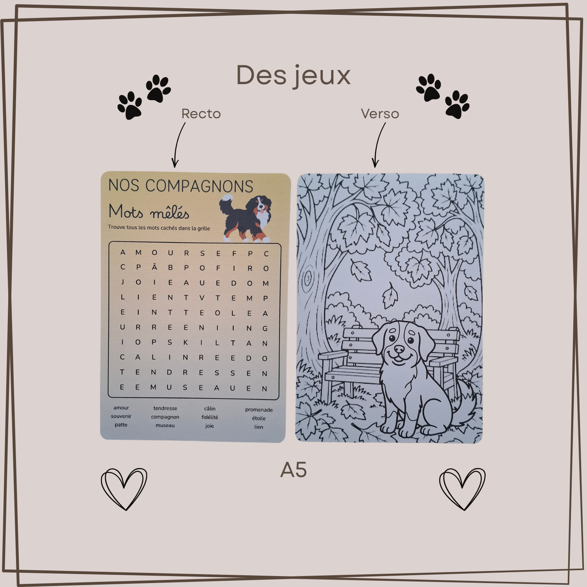 Aperçu des jeux au format A5 du Mail Club Mon étoile : une grille de mots mêlés sur les animaux et un coloriage de chien dans un décor automnal.