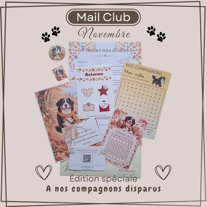 Aperçu du Mail Club de novembre « Mon étoile », avec sa lettre, son calendrier illustré, ses cartes, ses stickers et ses jeux en hommage aux animaux disparus.