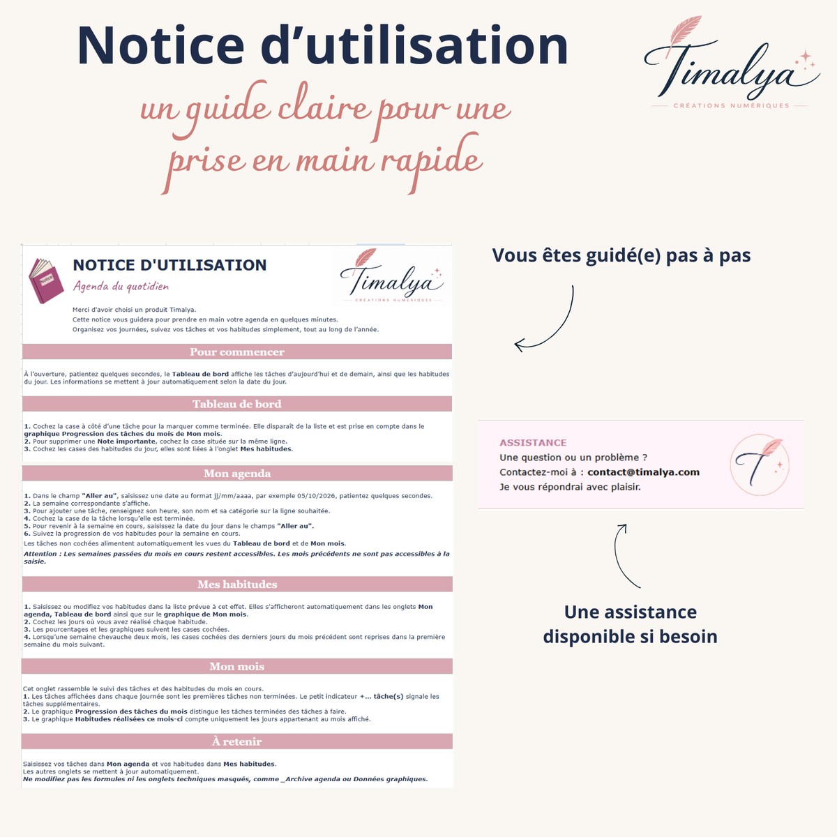 Notice d’utilisation de l’agenda quotidien Google Sheets Timalya, avec un guide pas à pas pour organiser les tâches, suivre les habitudes et utiliser le tableau de bord et la vue mensuelle.