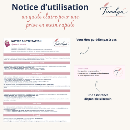 Notice d’utilisation de l’agenda quotidien Google Sheets Timalya, avec un guide pas à pas pour organiser les tâches, suivre les habitudes et utiliser le tableau de bord et la vue mensuelle.