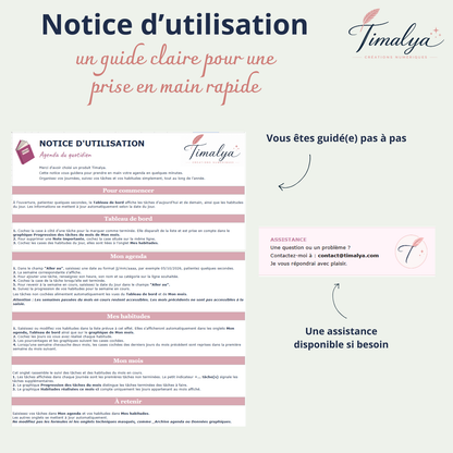 Aperçu de la notice d’utilisation de l’agenda Google Sheets, avec les instructions pour personnaliser le modèle et utiliser ses différents onglets.