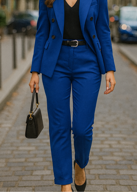 Pantalon bleu roy droit pour femme, ceinture noire à boucle argentée, coupe élégante avec revers en bas de jambe. Parfait pour un look chic et moderne, idéal au bureau ou en soirée.