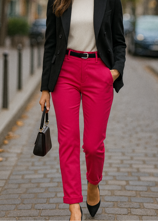 Pantalon fuchsia droit pour femme, ceinture noire à boucle argentée, coupe élégante avec revers en bas de jambe. Parfait pour un look chic et moderne, idéal au bureau ou en soirée.