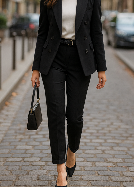 Pantalon noir droit pour femme, ceinture noire à boucle argentée, coupe élégante avec revers en bas de jambe. Parfait pour un look chic et moderne, idéal au bureau ou en soirée.