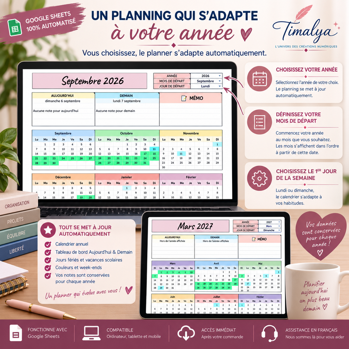 Planner Annuel Intelligent Timalya avec choix de l’année, du mois de départ et du premier jour de la semaine, mis à jour automatiquement sur Google Sheets.