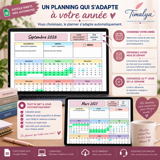 Planner Annuel Intelligent Timalya avec choix de l’année, du mois de départ et du premier jour de la semaine, mis à jour automatiquement sur Google Sheets.