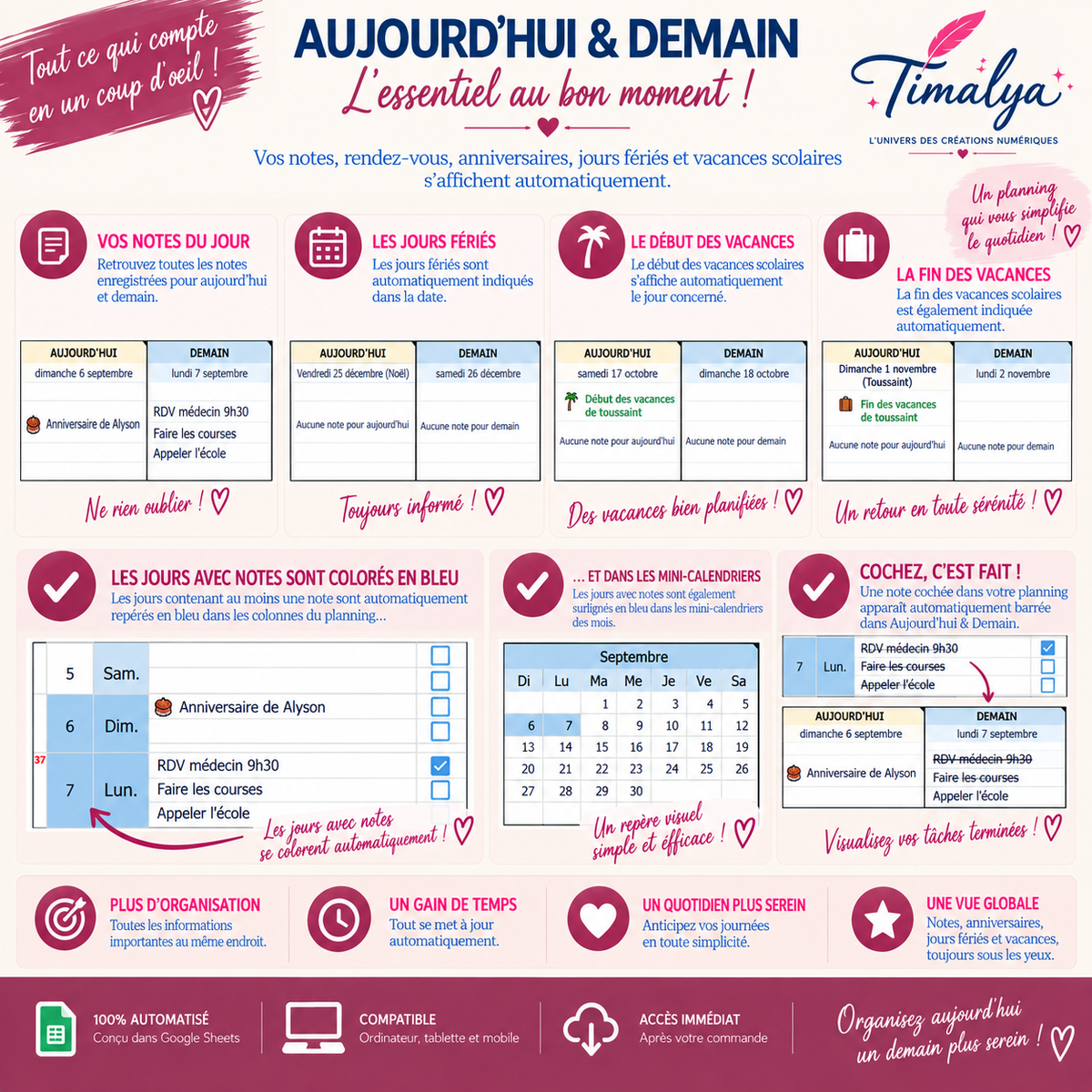 Tableau de bord Aujourd’hui et Demain du Planner Annuel Intelligent Timalya avec notes, anniversaires, jours fériés, vacances scolaires, repérage des jours avec notes et tâches terminées barrées automatiquement.
