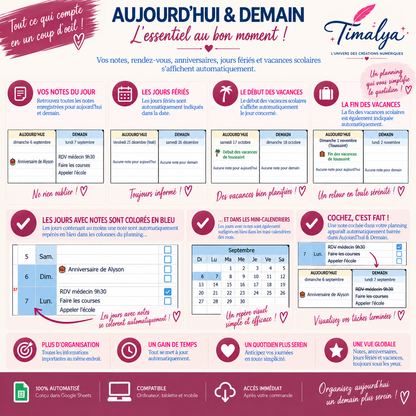 Tableau de bord Aujourd’hui et Demain du Planner Annuel Intelligent Timalya avec notes, anniversaires, jours fériés, vacances scolaires, repérage des jours avec notes et tâches terminées barrées automatiquement.