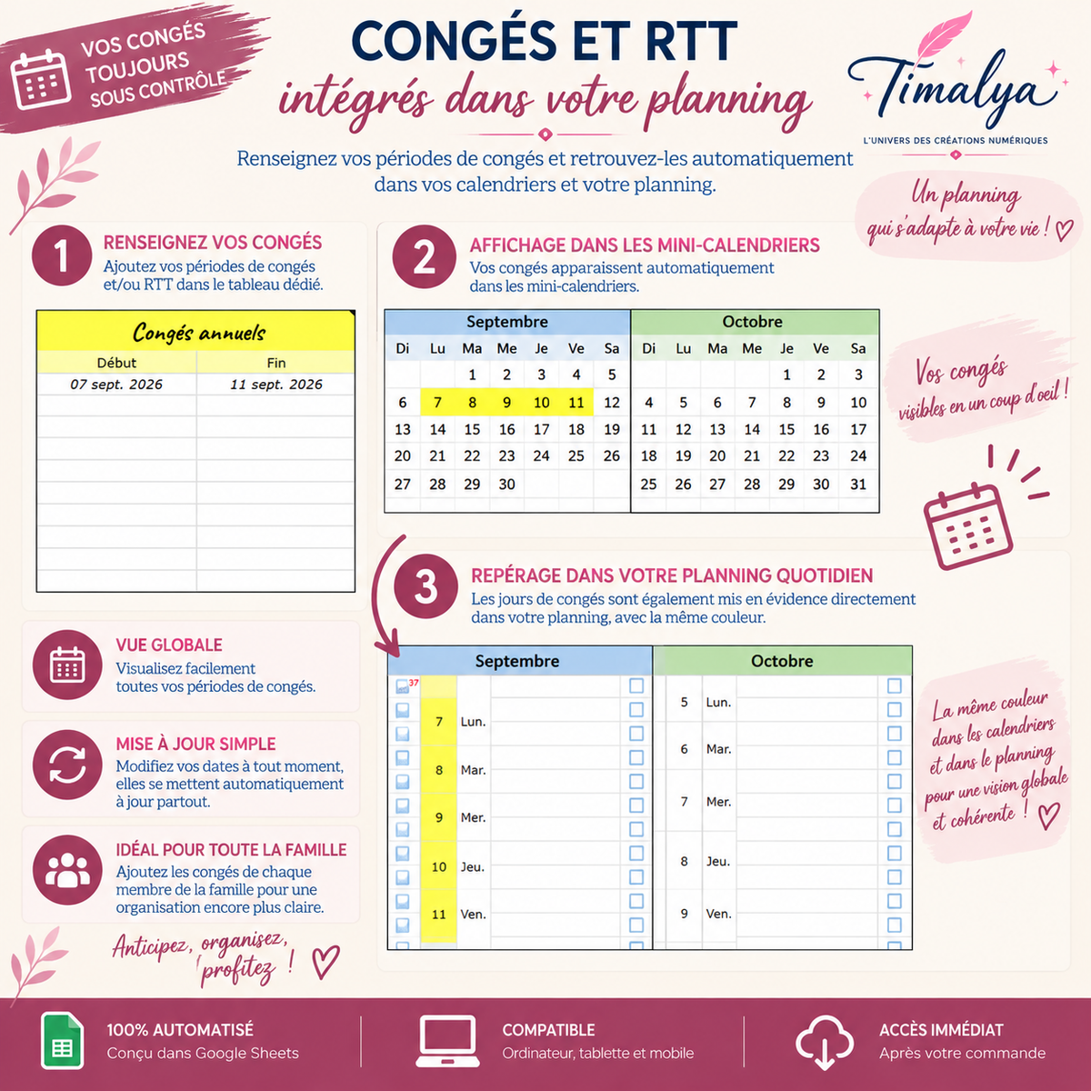 Congés annuels et RTT intégrés au Planner Annuel Intelligent Timalya, avec saisie des dates et repérage automatique en couleur dans les colonnes du planning quotidien.