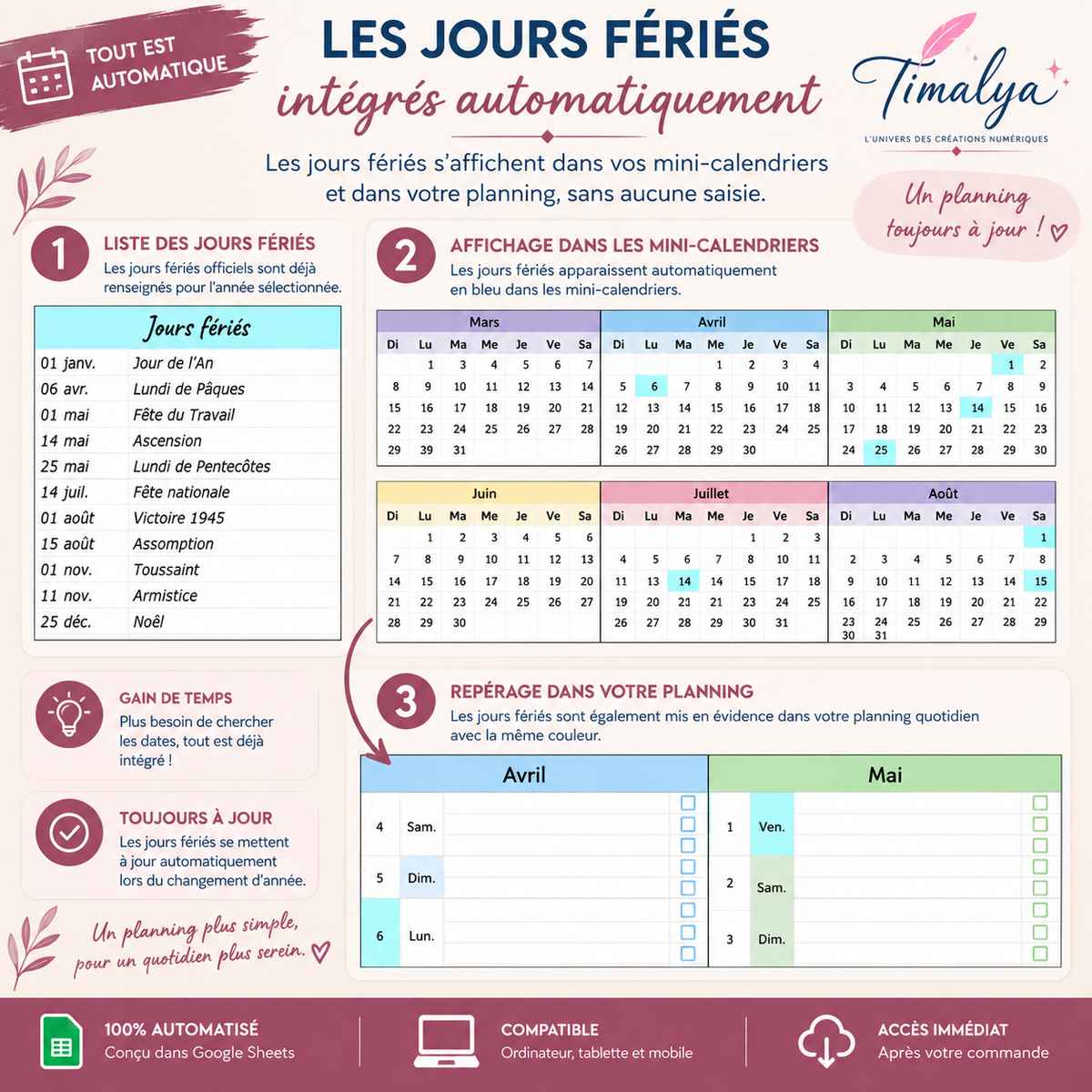 Jours fériés intégrés automatiquement au Planner Annuel Intelligent Timalya, avec affichage en couleur dans les mini-calendriers et le planning quotidien.