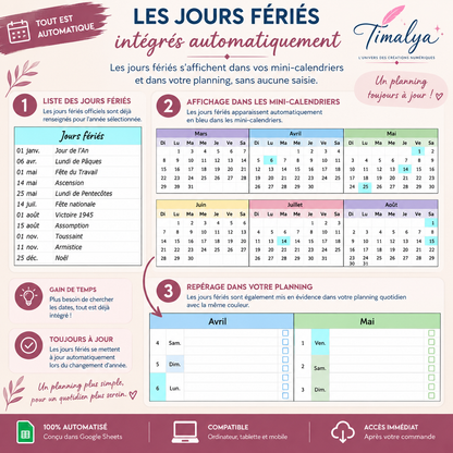 Jours fériés intégrés automatiquement au Planner Annuel Intelligent Timalya, avec affichage en couleur dans les mini-calendriers et le planning quotidien.