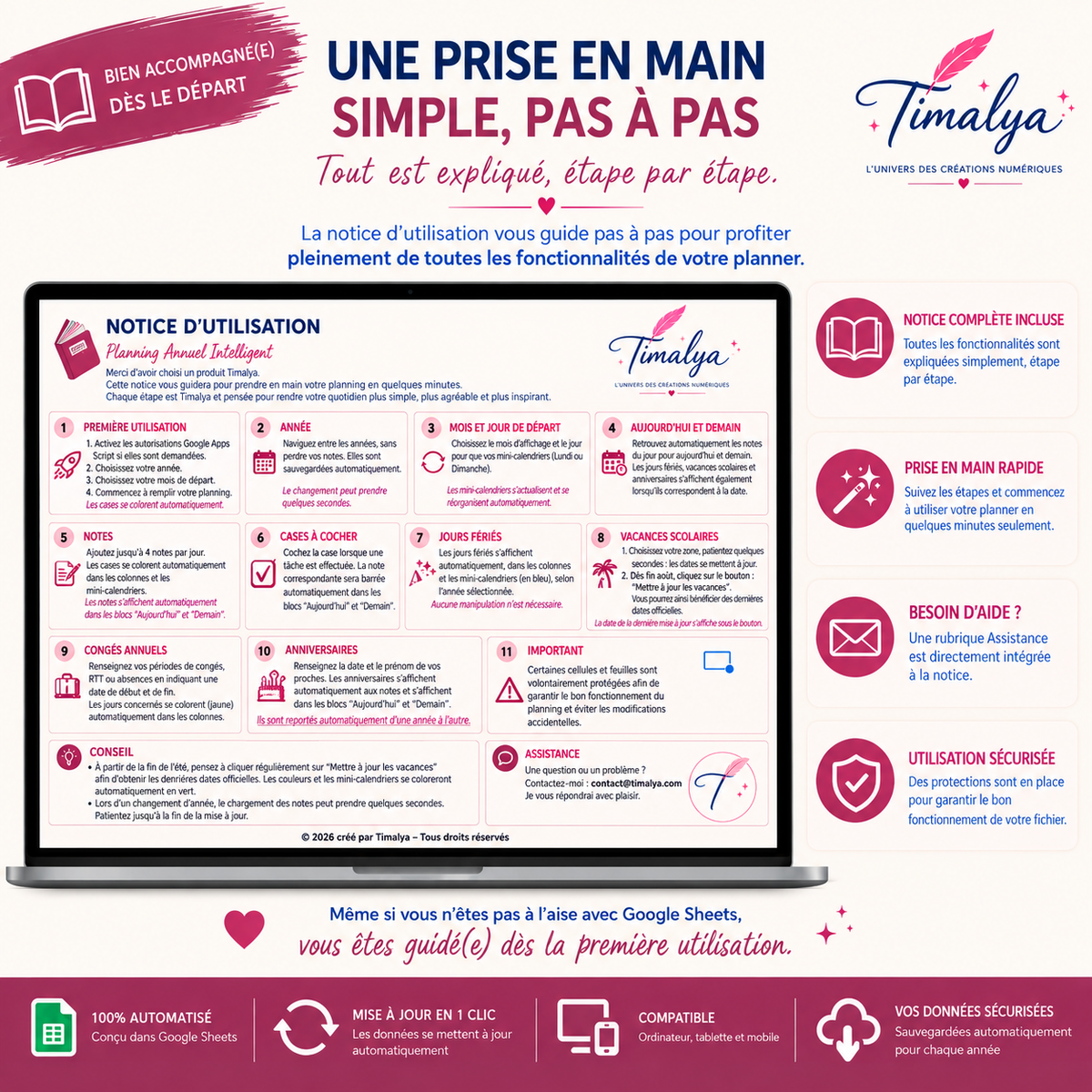 Notice d’utilisation incluse avec le Planner Annuel Intelligent Timalya, avec guide pas à pas pour la prise en main et l’utilisation des fonctionnalités sur Google Sheets.