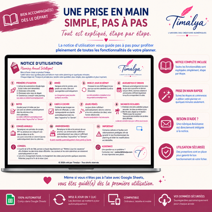 Notice d’utilisation incluse avec le Planner Annuel Intelligent Timalya, avec guide pas à pas pour la prise en main et l’utilisation des fonctionnalités sur Google Sheets.