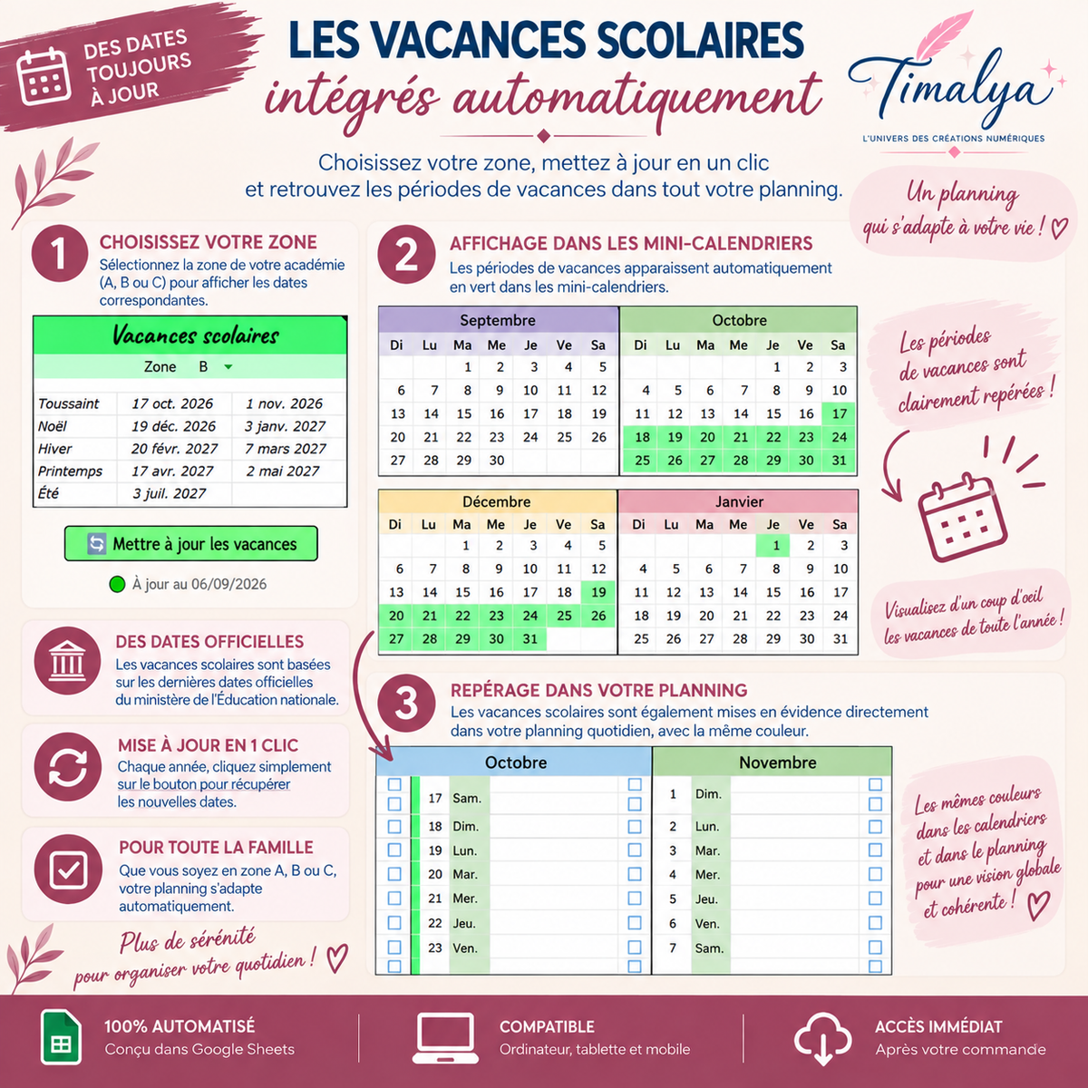 Vacances scolaires du Planner Annuel Intelligent Timalya avec choix de la zone A, B ou C, mise à jour des dates officielles en un clic et affichage automatique dans les calendriers et le planning.