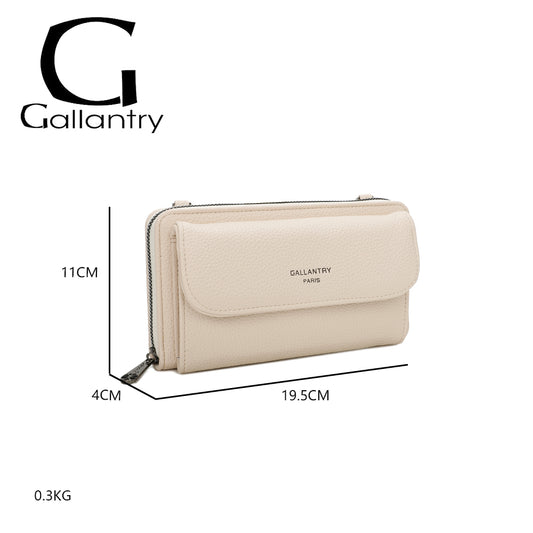 Portefeuille à bandoulière Gallantry en simili cuir beige, avec grande poche frontale et sangle fantaisie à motif chevrons, pratique et tendance pour femme