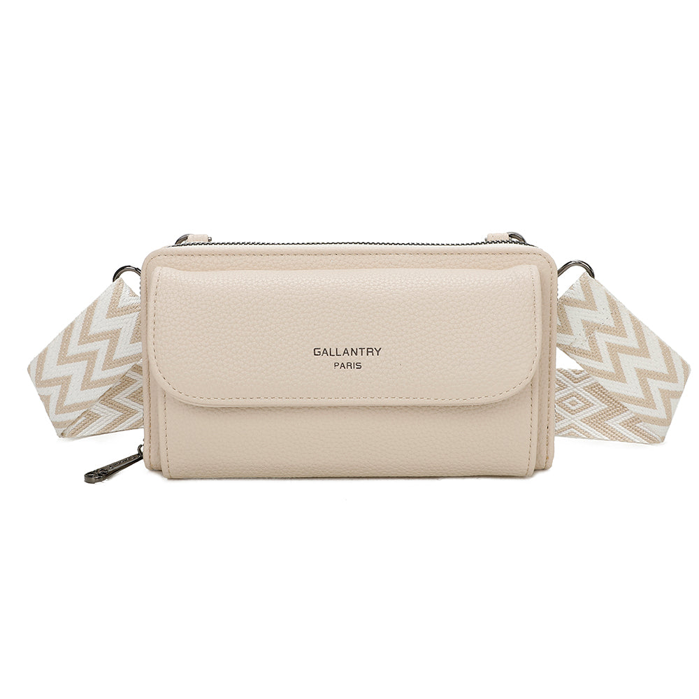 Portefeuille à bandoulière Gallantry en simili cuir beige, avec grande poche frontale et sangle fantaisie à motif chevrons, pratique et tendance pour femme