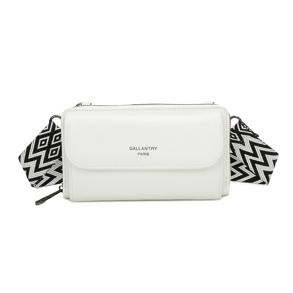 Portefeuille à bandoulière Gallantry en simili cuir blanc, avec grande poche frontale et sangle fantaisie à motif chevrons, pratique et tendance pour femme