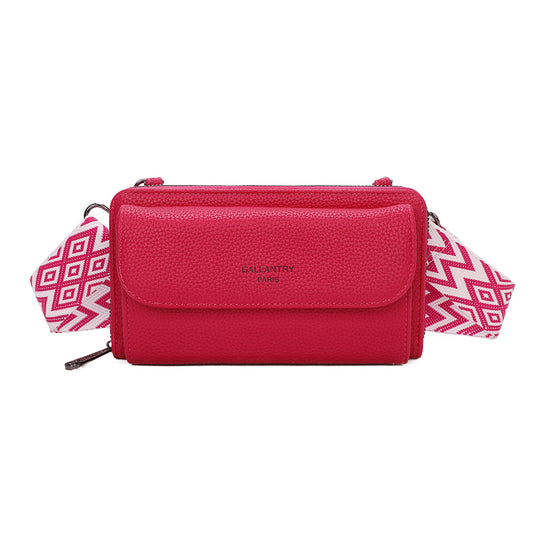 Portefeuille à bandoulière Gallantry en simili cuir fuchsia, avec grande poche frontale et sangle fantaisie à motif chevrons, pratique et tendance pour femme
