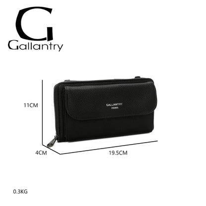 Portefeuille à bandoulière Gallantry en simili cuir noir, avec grande poche frontale et sangle fantaisie à motif chevrons, pratique et tendance pour femme