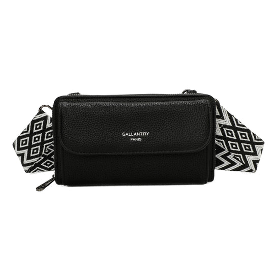 Portefeuille à bandoulière Gallantry en simili cuir noir, avec grande poche frontale et sangle fantaisie à motif chevrons, pratique et tendance pour femme