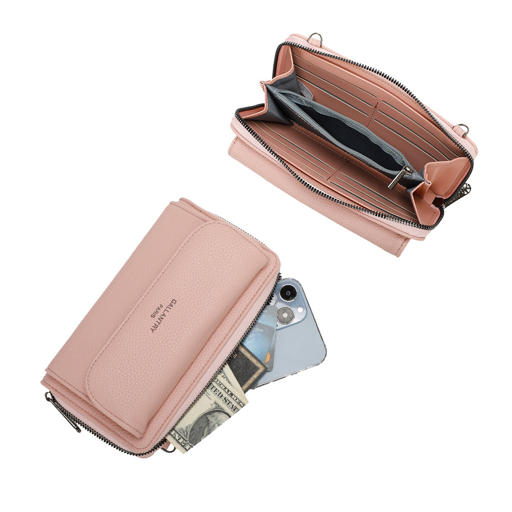 Portefeuille à bandoulière Gallantry en simili cuir rose, avec grande poche frontale et sangle fantaisie à motif chevrons, pratique et tendance pour femme