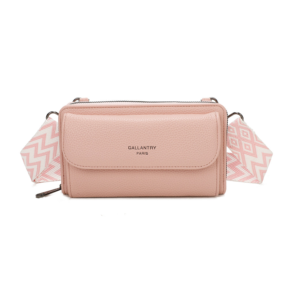 Portefeuille à bandoulière Gallantry en simili cuir rose, avec grande poche frontale et sangle fantaisie à motif chevrons, pratique et tendance pour femme