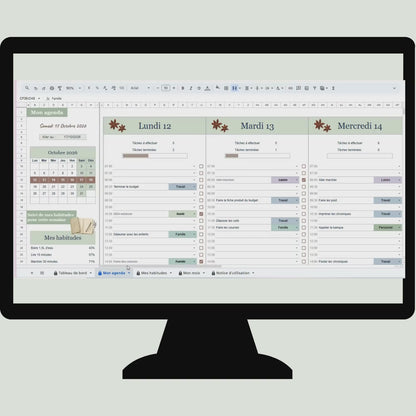 Vidéo de présentation de l’agenda numérique Google Sheets vert sauge, avec aperçu du planning hebdomadaire, du tableau de bord et du suivi des habitudes.