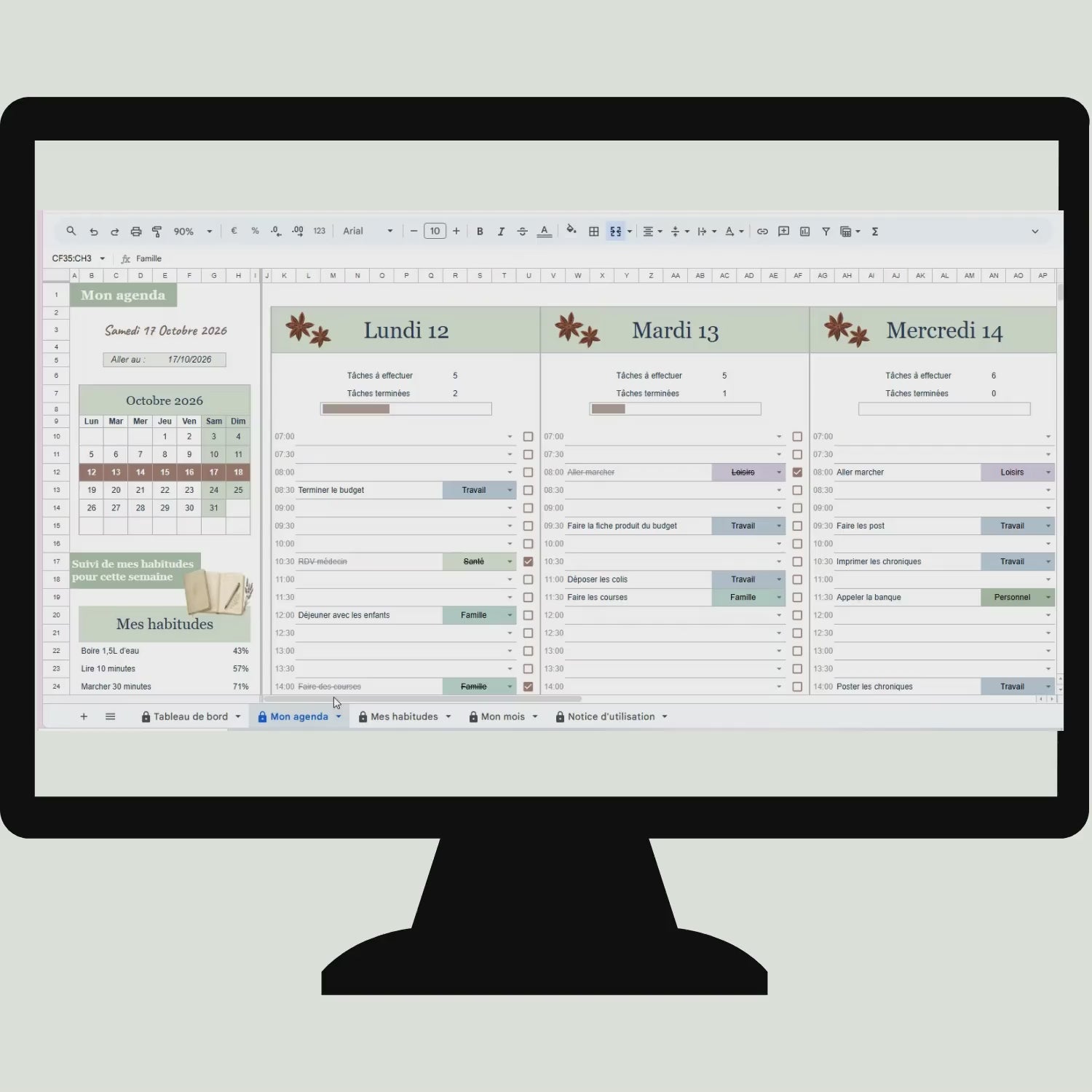 Vidéo de présentation de l’agenda numérique Google Sheets vert sauge, avec aperçu du planning hebdomadaire, du tableau de bord et du suivi des habitudes.