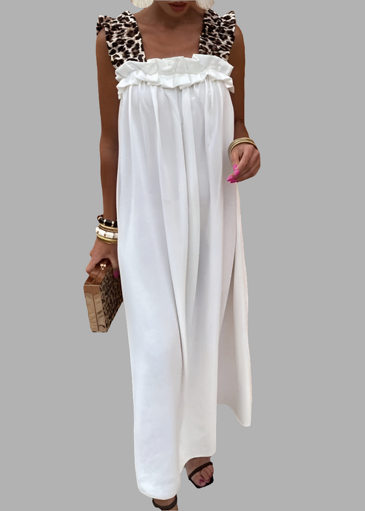 Robe blanche longue à bretelles imprimé léopard, coupe ample fluide et détails volantés, look frais et chic pour femme – Timalya.