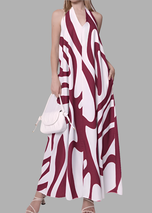 Robe longue bordeaux pour femme, imprimée, col halter et dos nu, coupe ample avec poches – idéale pour l’été – Timalya.