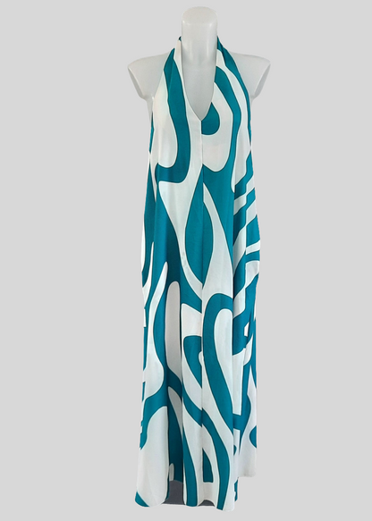 Robe longue dos-nu verte à col halter pour femme, coupe fluide avec imprimé graphique et poches, idéale pour l’été – Timalya.