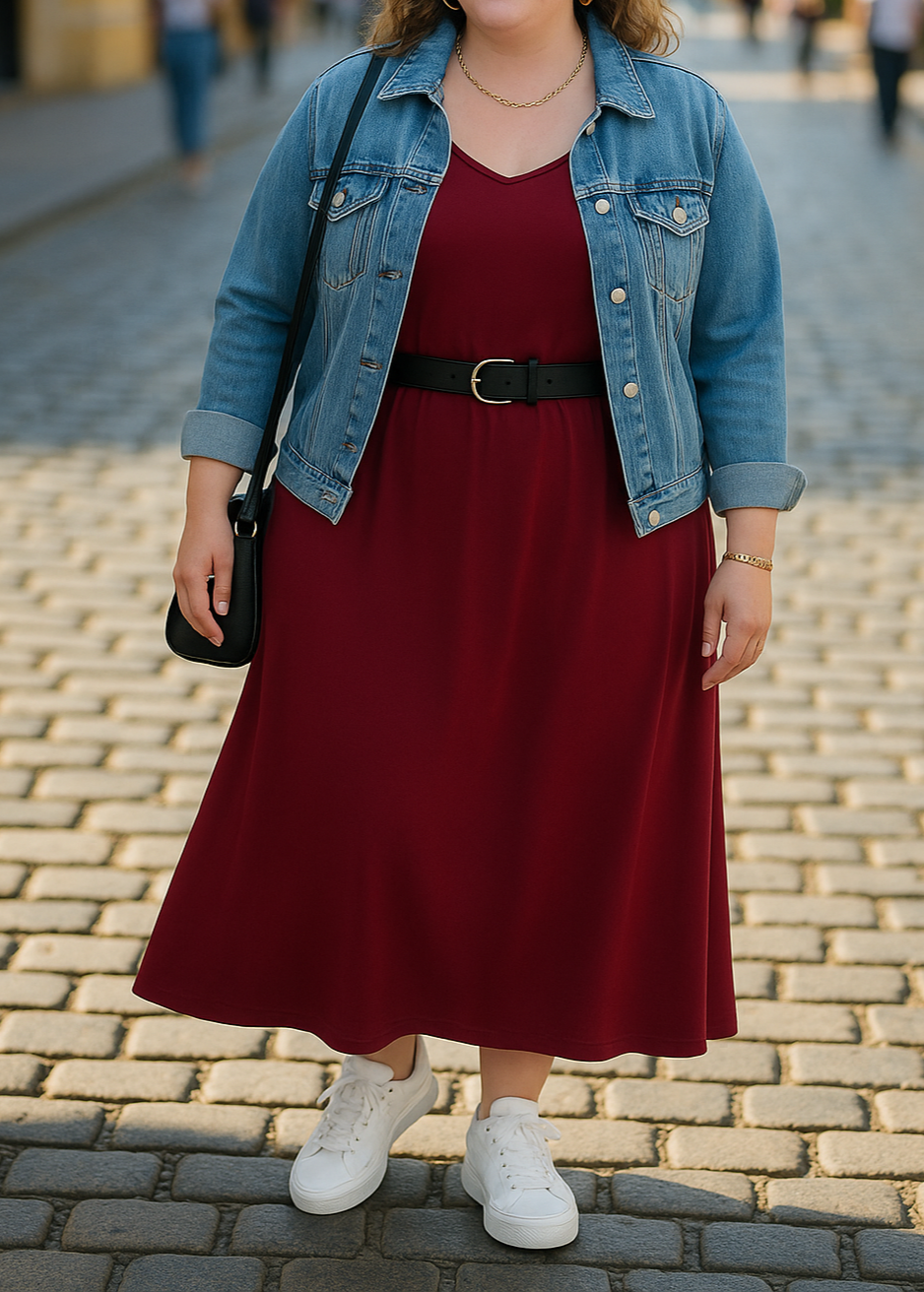 Robe longue grande taille femme, couleur bordeaux, coupe fluide et ample, fines bretelles, tissu léger en viscose et polyester, taille 38 à 56, fabriquée en Italie.