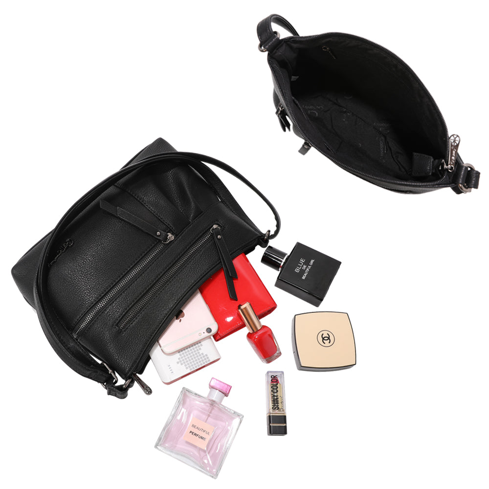 Sac bandoulière noir Gallantry en simili cuir, multi poches zippées, bandoulière réglable, style pratique et élégant pour femme active – Timalya.
