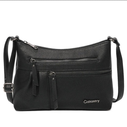 Sac bandoulière noir Gallantry en simili cuir, multi poches zippées, bandoulière réglable, style pratique et élégant pour femme active – Timalya.
